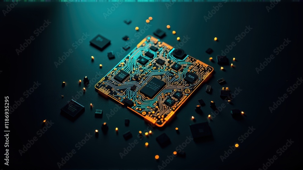 Poster detailed topdown view of a colorful circuit board with chips and components highlighted by soft ligh