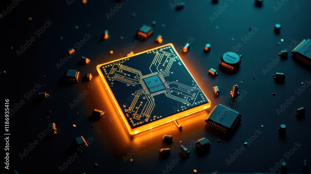 Aufkleber vibrant top-down view of a futuristic circuit board with illuminated connections and surrounding mic