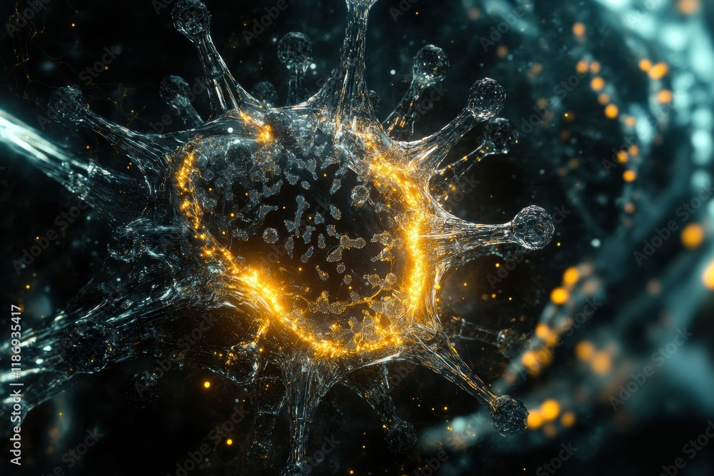 Aufkleber detailed 3d visualization of virus structure highlighting capsid spikes and rna strands with glowing