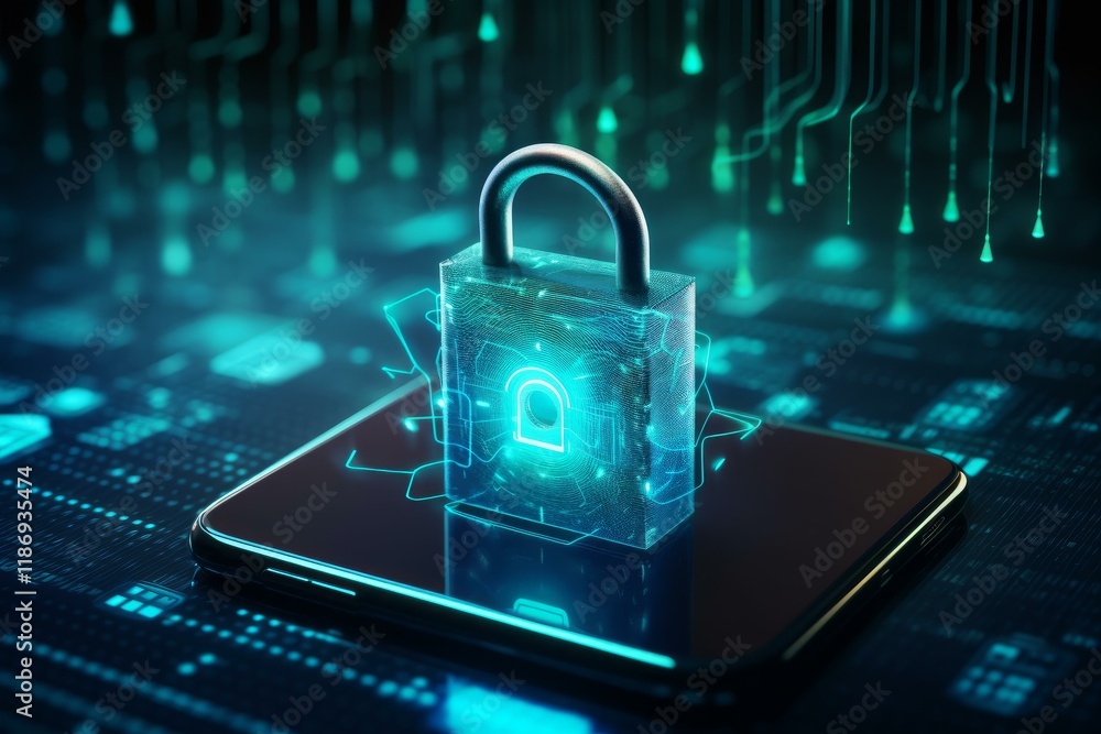 Poster glowing digital padlock securing smartphone on circuit board, symbolizing cybersecurity and data pro