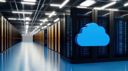 Cloud Computing Data Center:  A futuristic server room with sleek, modern hardware and a prominent blue cloud icon, symbolizing the vast potential and innovation of cloud computing.  