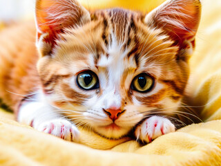 Portrait of a cute red kitten lying on the bed
