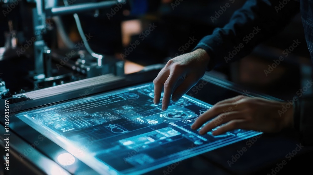 Poster in a modern factory, an industrial engineer uses a futuristic transparent display to manage and cont