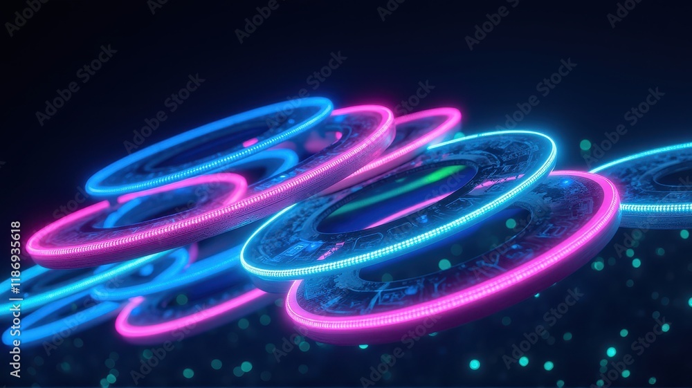 Poster bright glowing circles with intricate patterns and digital effects in a dark background, representin