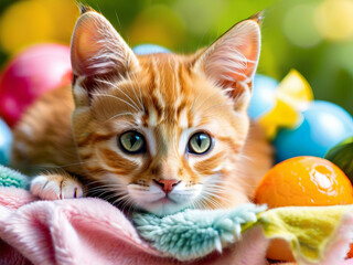 Cute red cat lying on a blanket