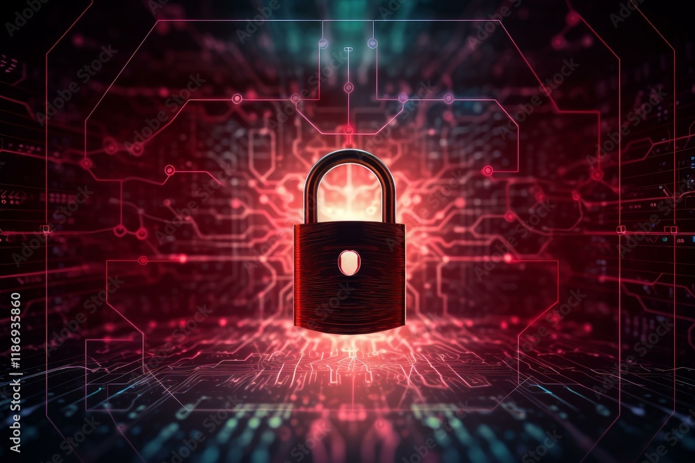 Poster red closed padlock securing digital data on computer circuit board, ensuring online safety and prote