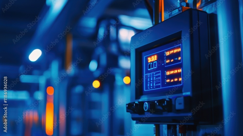 Poster digital control panel displaying various parameters and data in a modern industrial manufacturing pl