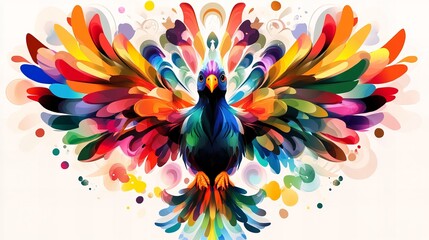 Obraz premium Vibrant digital art of a colorful bird with expansive wings. A burst of rainbow hues against a white background.