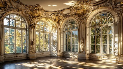 Fototapeta premium Sunlit opulent room, autumn leaves, chateau interior, golden decor, luxury.