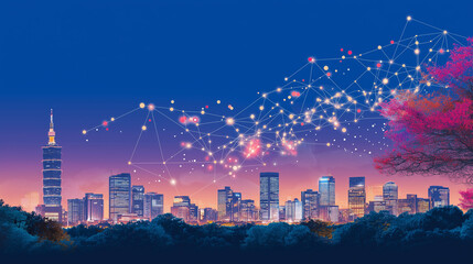 Obraz premium Connected City: A vibrant cityscape at dusk, illuminated by a network of glowing lines, symbolizing interconnectedness and technological advancement. 
