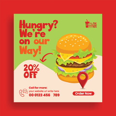 Food social media post banner ad editable template. Restaurant cafe social media square flyer or poster. online fast Food home delivery service promotional advertising, Burger vector illustration