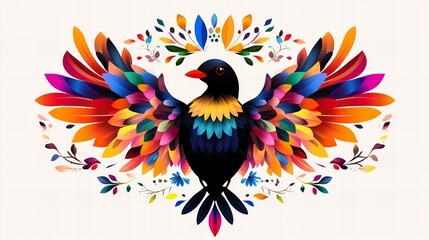 Obraz premium Vibrant bird with rainbow wings, surrounded by colorful flowers. A stunning digital artwork.