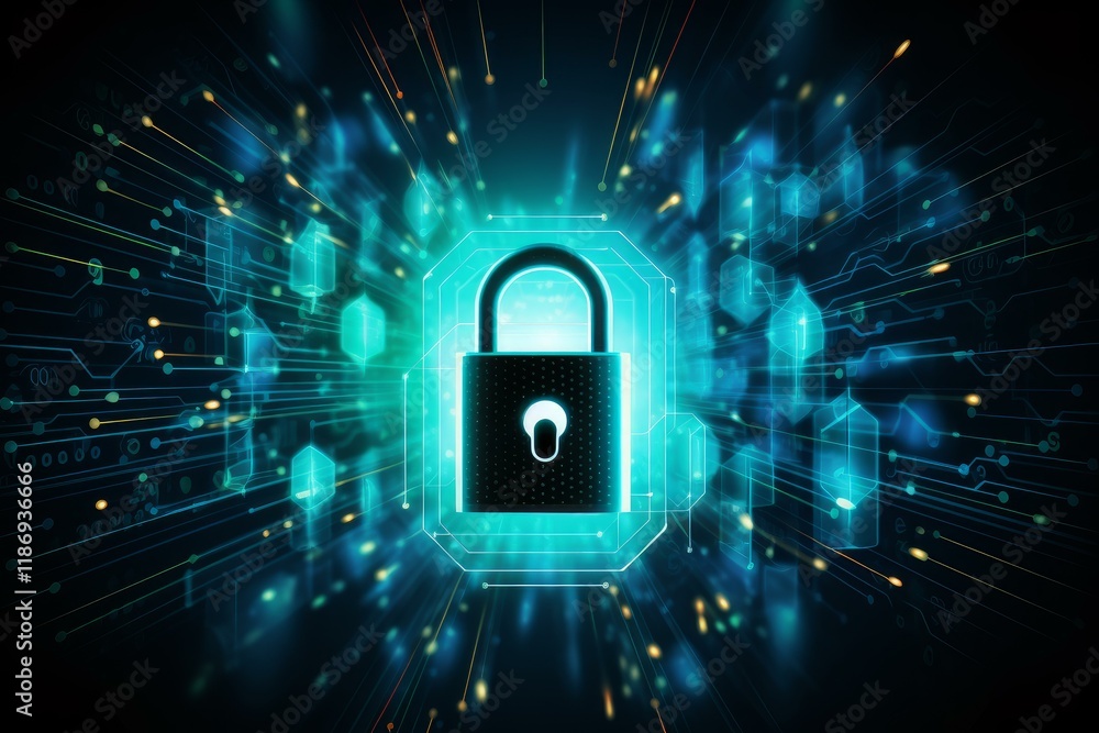 Poster digital padlock securing data flow in virtual environment, symbolizing robust cybersecurity measures