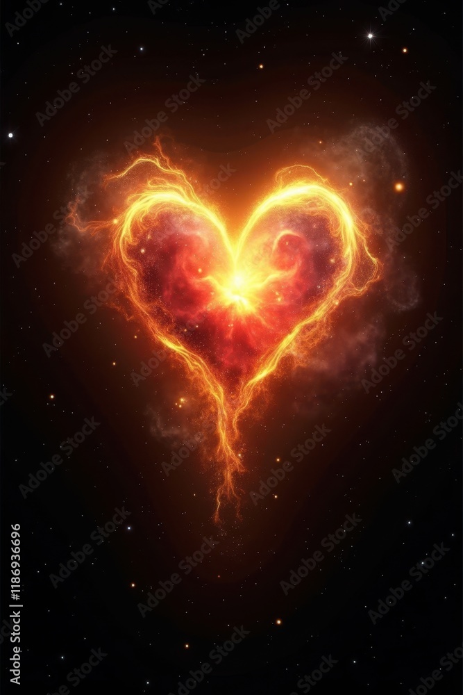 Poster cosmic heart design with vibrant energy and nebulae in a starry universe, perfect for expressing lov