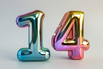 Colorful Chrome Numbers Fourteen "14" 3D Rendering with Reflective Multicolor Surface