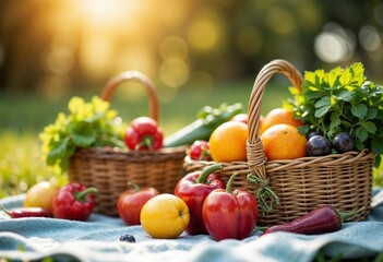 Freshly harvested vegetables and fruits in wicker baskets displayed on a blanket in a sunlit garden