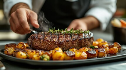 Chef slicing a perfectly cooked steak, garnished with thyme, served with roasted potatoes on a dark rectangular plate.