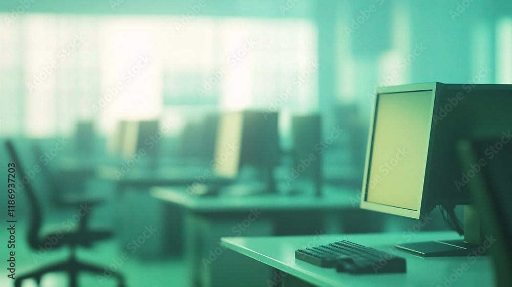 Poster softly lit office environment with desks and computers in focus