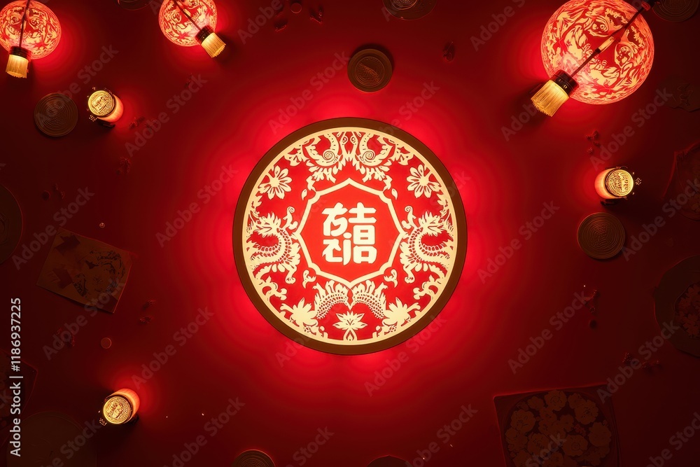 Poster vibrant traditional art display with lanterns and decorative elements in rich red tones creating a f