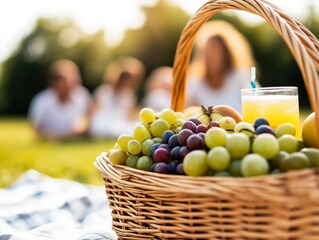 A wicker picnic basket filled with fresh grapes and fruits, accompanied by a glass of juice, placed on a blanket with a blurred background of a family enjoying a sunny day outdoors