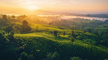 Sunrise over misty tea plantation hills.  Travel brochure use.