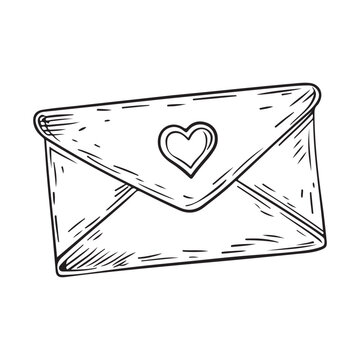 A hand-drawn sketch of an envelope with a heart seal, suggesting a love letter or romantic message