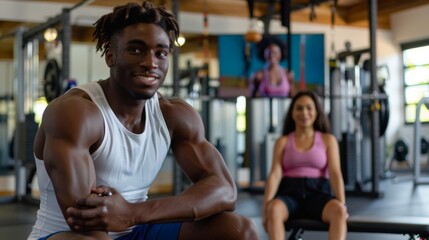 A man with a smile on his face is sitting on a bench in a gym. A woman is sitting next to him