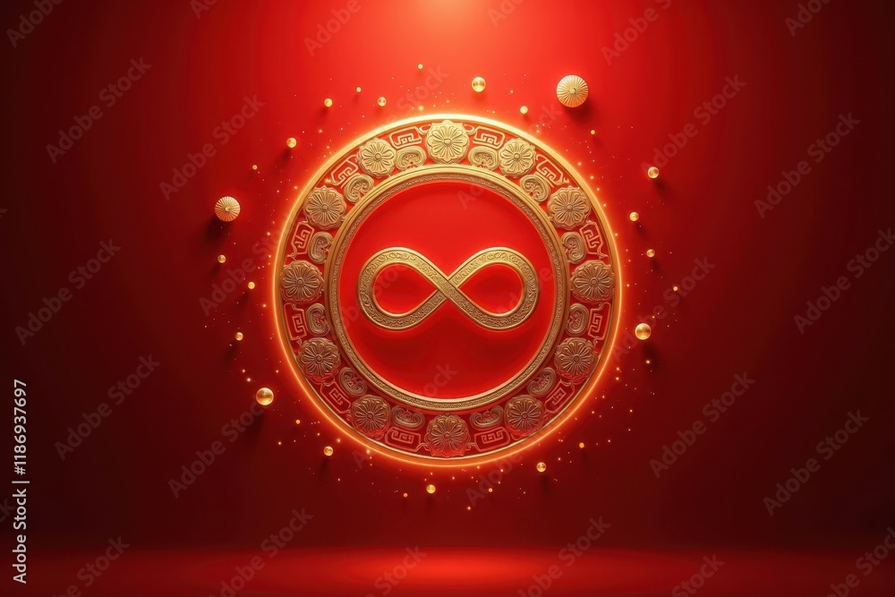 Poster golden infinity symbol engraved in a circular design surrounded by floating orbs against a vibrant r
