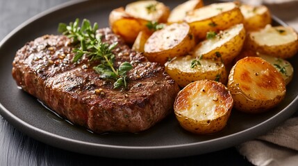 Grilled steak with roasted potatoes and thyme.