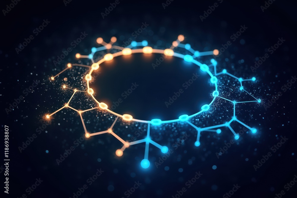 Poster futuristic network grid visualization with bright nodes in blue and orange colors on dark background
