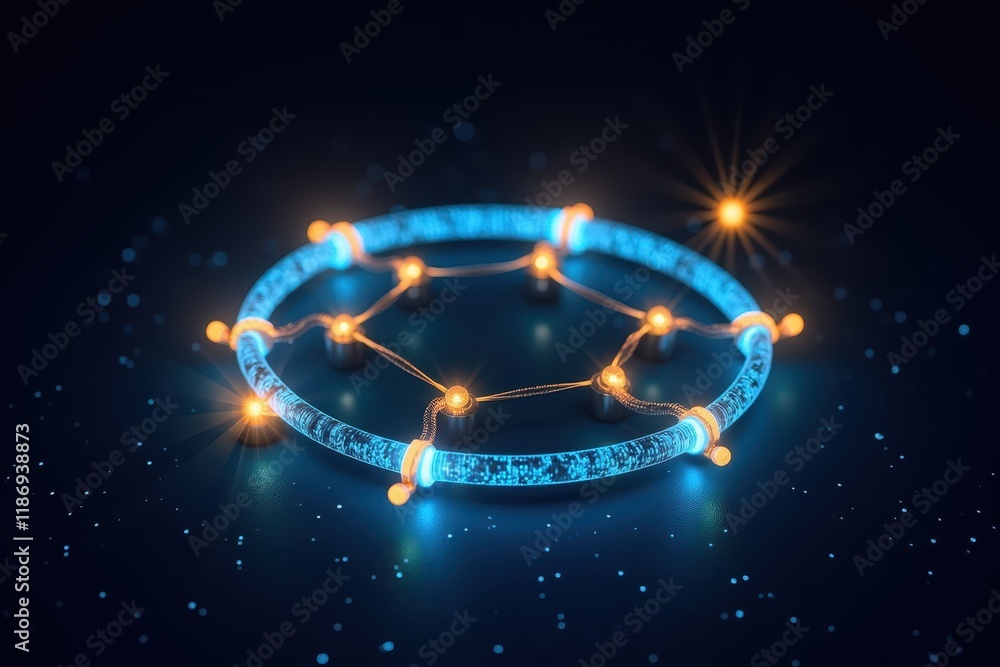 Poster abstract representation of a network grid with glowing nodes and connections in a dark background, s