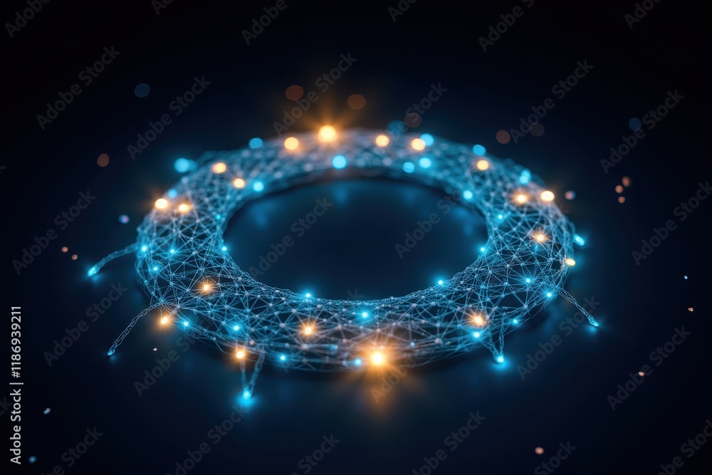 Poster futuristic visual representation of a connected network grid with bright nodes and vivid lights on a