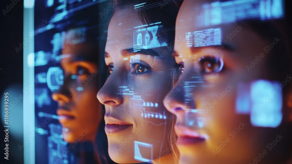 Poster three female engineers are looking at a futuristic transparent display showing various data and diag