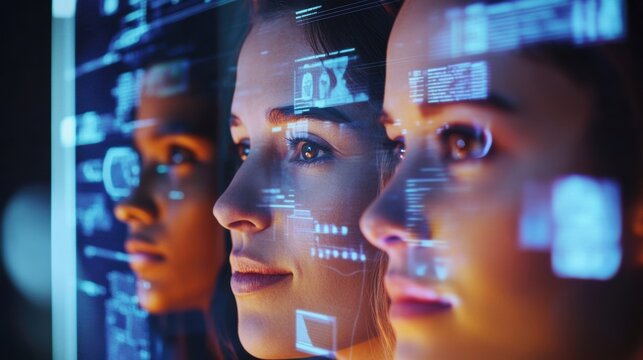 Three female engineers are looking at a futuristic transparent display showing various data and diagrams in a dark control room, illuminated by the screen's light
