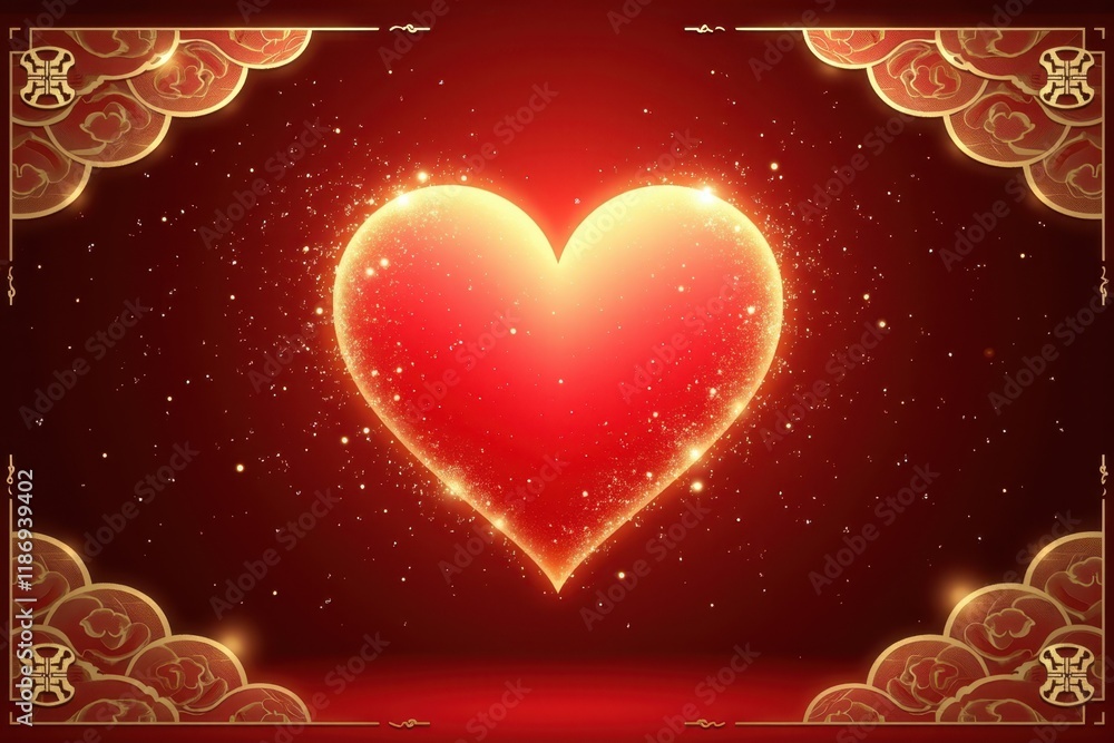 Aufkleber shimmering golden heart surrounded by ethereal clouds and enchanting sparkles on a deep red backgrou