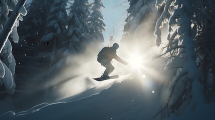 Snowboarder carving through snowy forest at sunrise