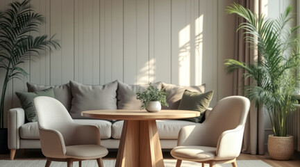 sunlit living room with beige sofa round wooden table