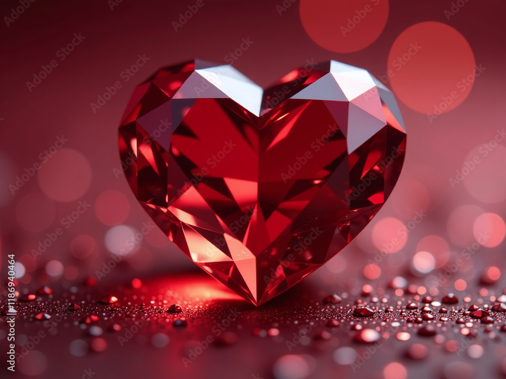 Poster a majestic heart shaped red diamond is showcased against a glittering background with intricate deta