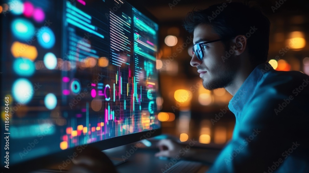 Poster in a brightly lit office at night, a software engineer wearing glasses focuses intently on complex c