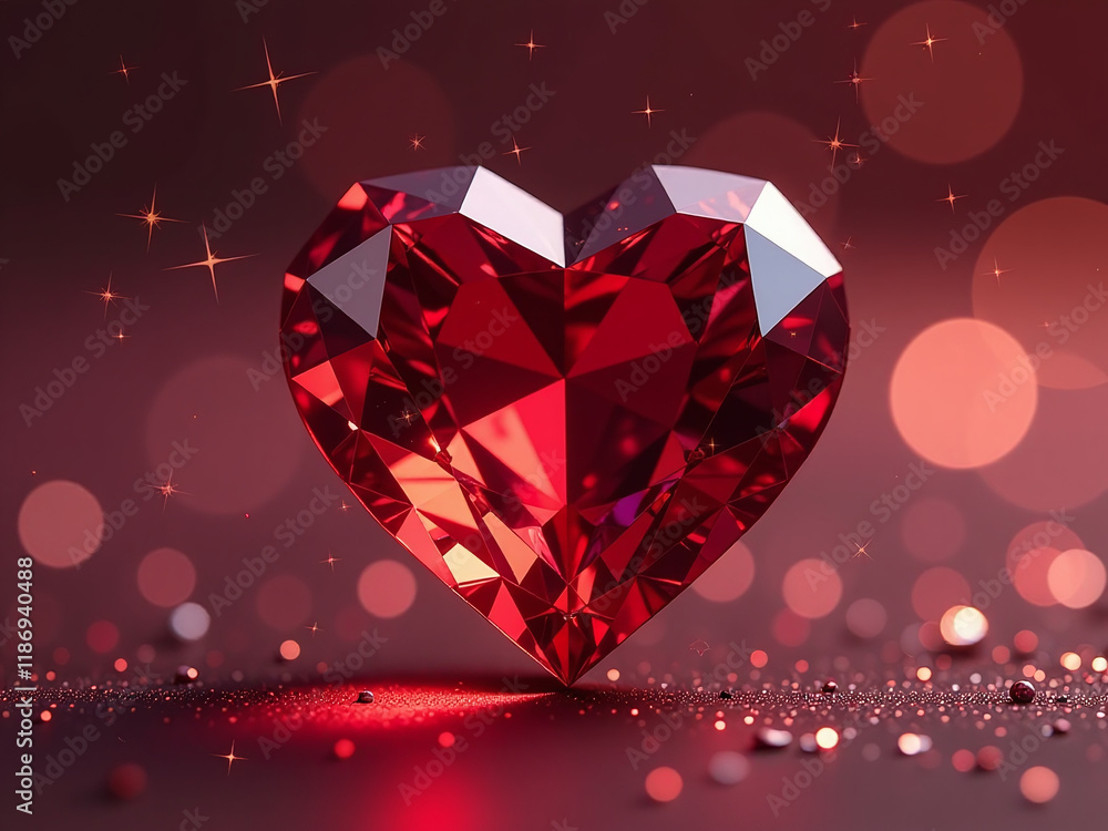 Poster a majestic heart shaped red diamond is showcased against a glittering background with intricate deta