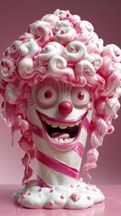 Whimsical pink clown head with swirling candy-like hair showcases surrealism and chaos in cartoon style