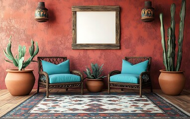 Southwestern patio with chairs, plants, and blank frame