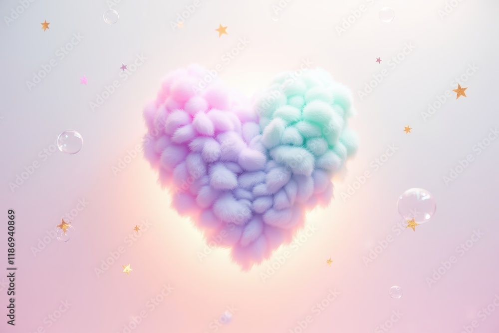 Poster colorful heart-shaped candy clouds with bubbles and stars creating a dreamy atmosphere and inviting 