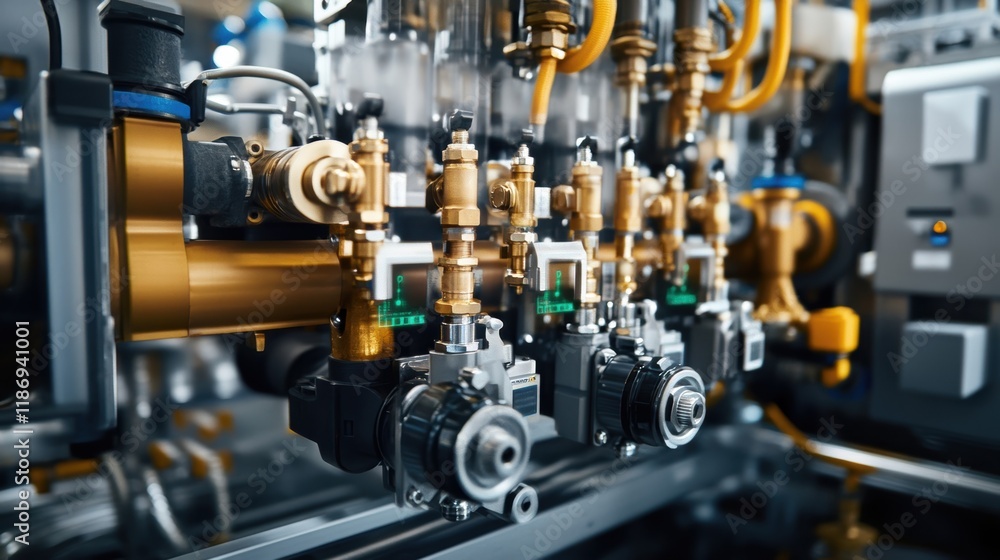 Poster intricate machinery with pipes, valves, and sensors working seamlessly in a contemporary factory set
