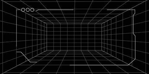 Futuristic perspective grid box. Abstract wireframe with white grid line on black background.