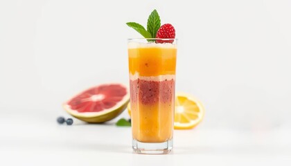 Layered Fruit Smoothie In Glass With Garnish