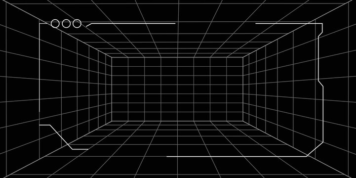Futuristic perspective grid box. Abstract wireframe with white grid line on black background.