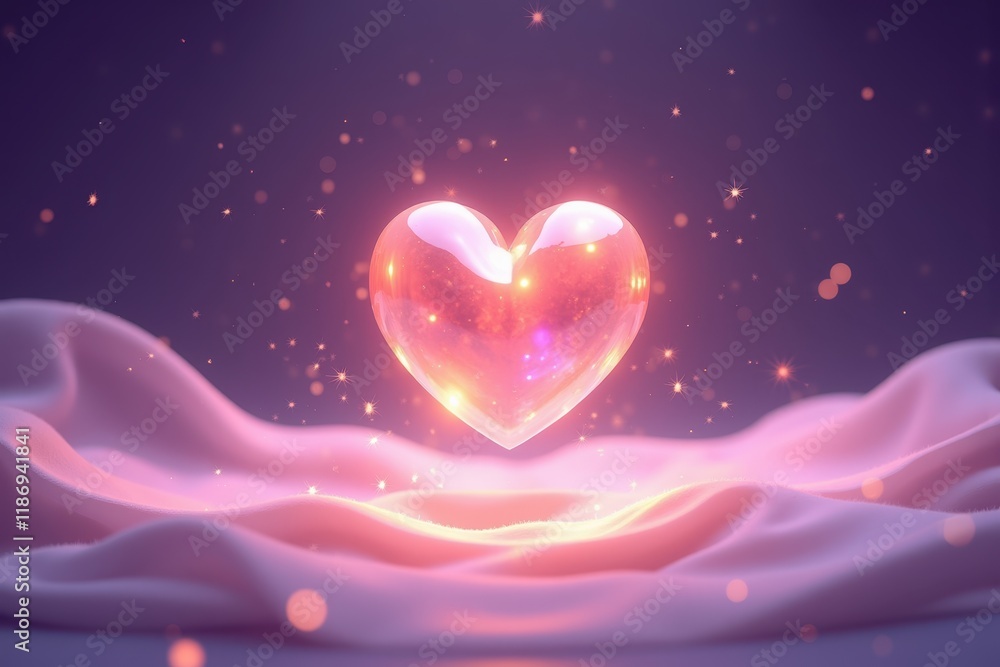 Poster captivating luminous heart shining amidst soft fabric with sparkling particles, an exquisite display