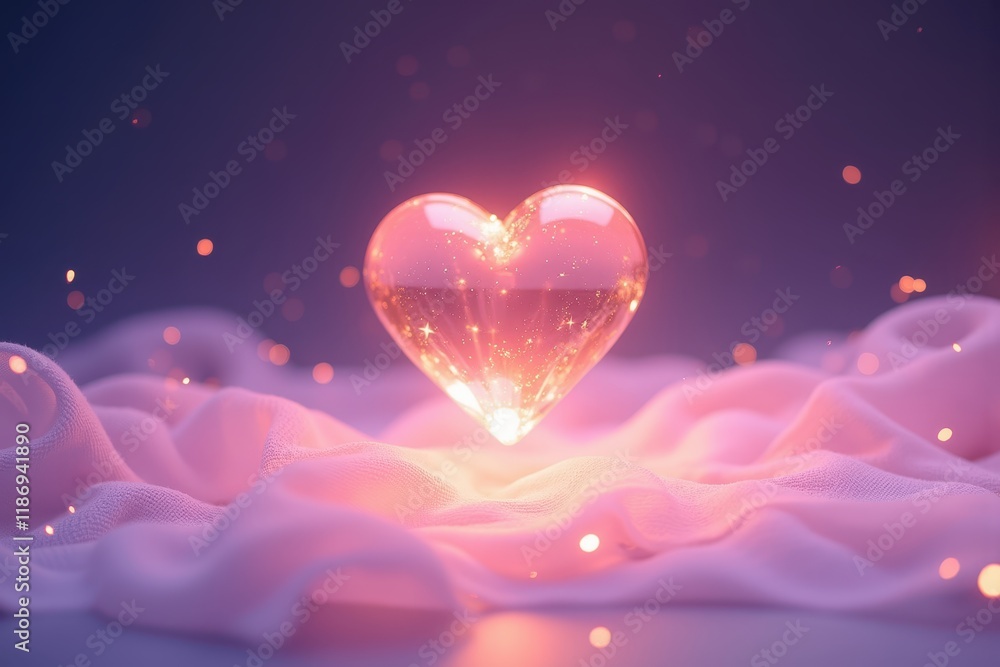 Poster luminous heart in ethereal glow with soft drapery and sparkling bokeh effects, capturing the essence