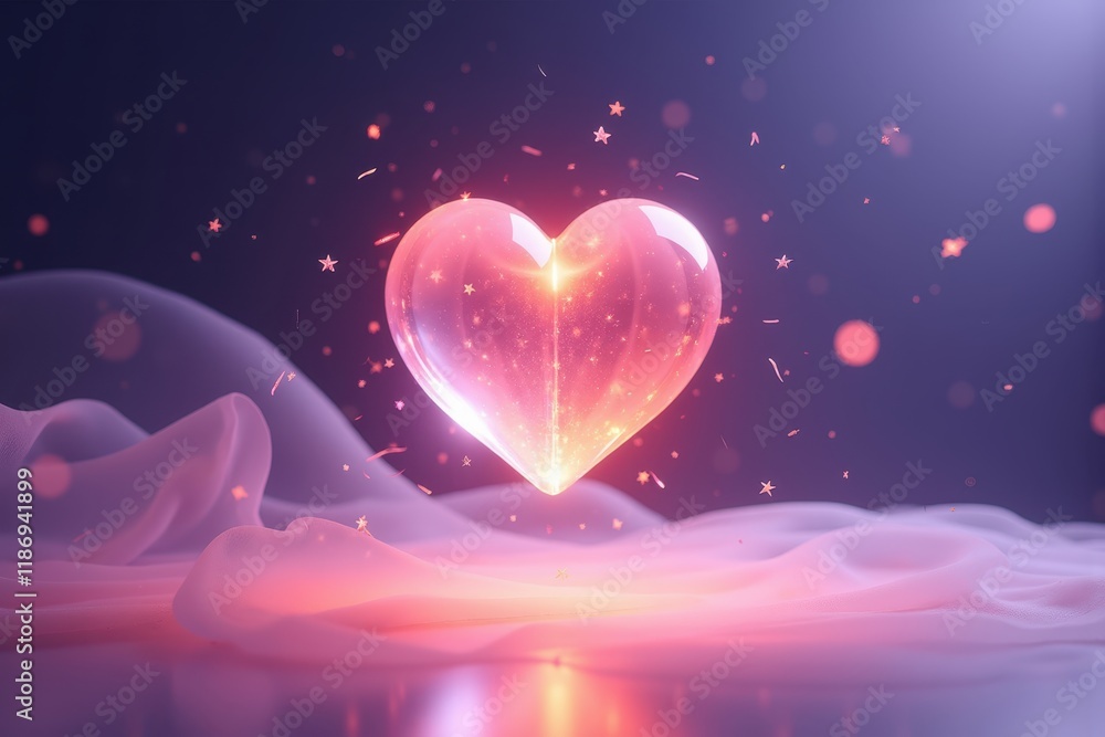 Poster luminous heart floating above soft fabric with sparkles and a dreamy background for romantic and art